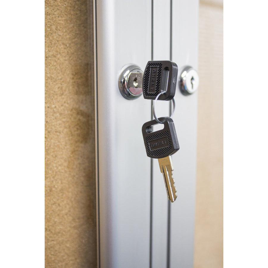 Ghent 1 Door Enclosed Natural Cork Bulletin Board with Satin Frame - 24" Board Height x 18" Board Width - Natural Cork Surface - Locking Door, Self-healing, Illuminated, Tamper Proof - Satin Aluminum Frame - 1 Each - TAA Compliant