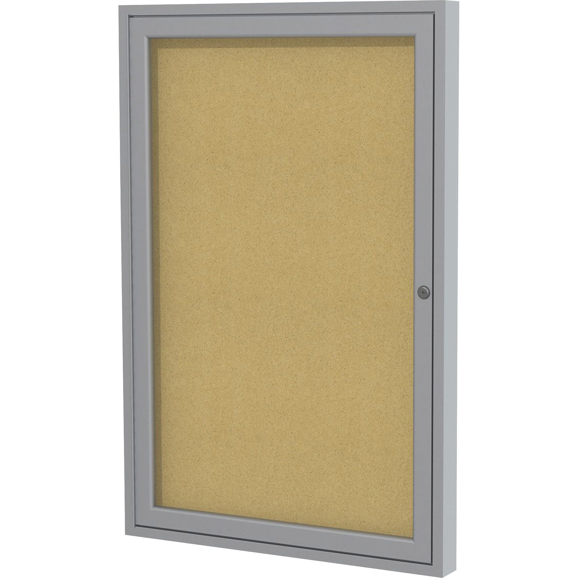 Ghent 1 Door Enclosed Natural Cork Bulletin Board with Satin Frame - 24" Board Height x 18" Board Width - Natural Cork Surface - Locking Door, Self-healing, Illuminated, Tamper Proof - Satin Aluminum Frame - 1 Each - TAA Compliant