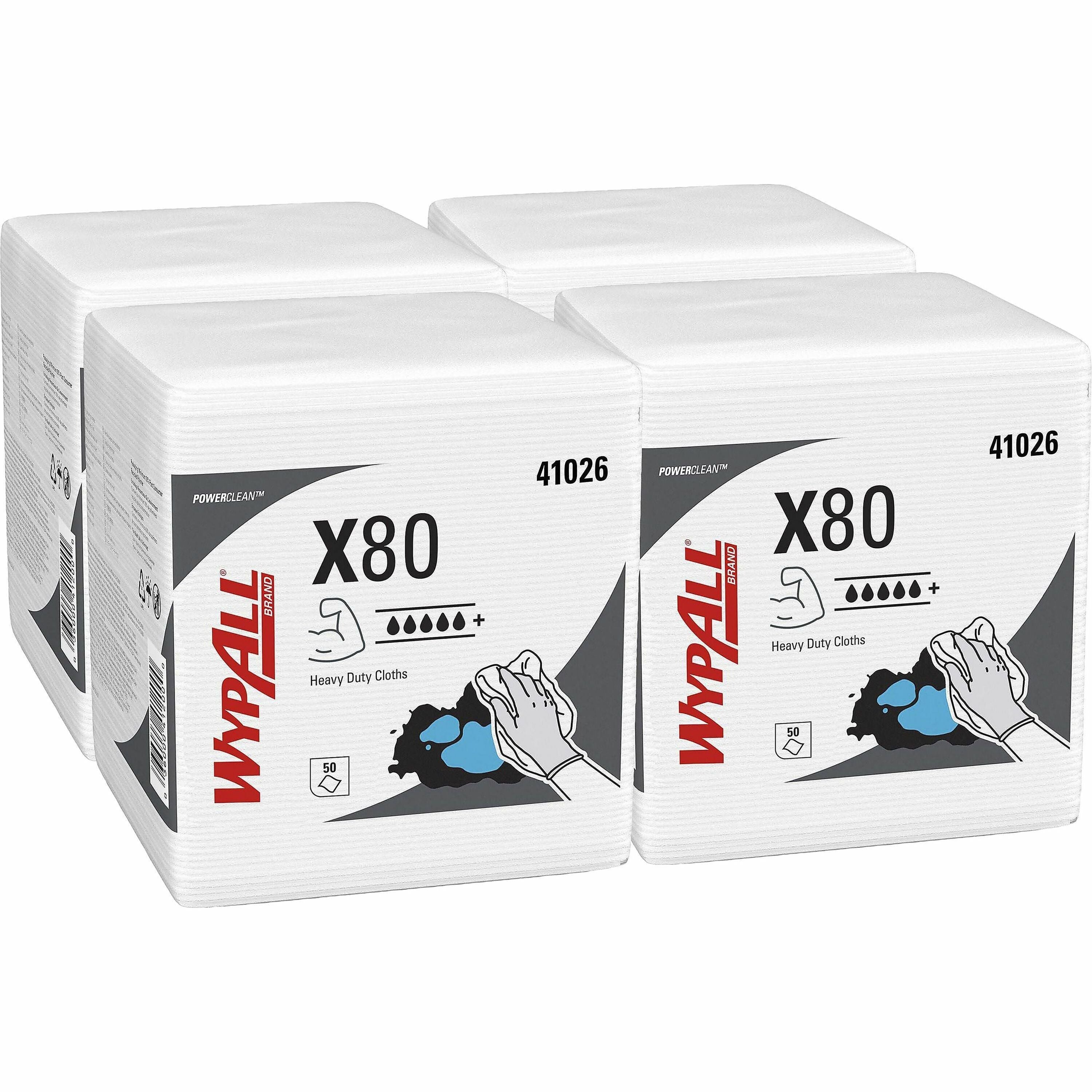 Wypall PowerClean X80 Heavy Duty Cloths, Quarter-fold, White, 12" x 12.5", 50 Cloths per Pack, 1 Carton