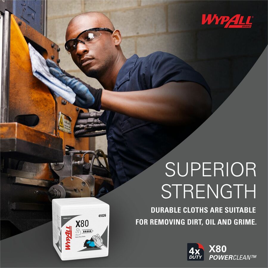 Wypall PowerClean X80 Heavy Duty Cloths, Quarter-fold, White, 12" x 12.5", 50 Cloths per Pack, 1 Carton