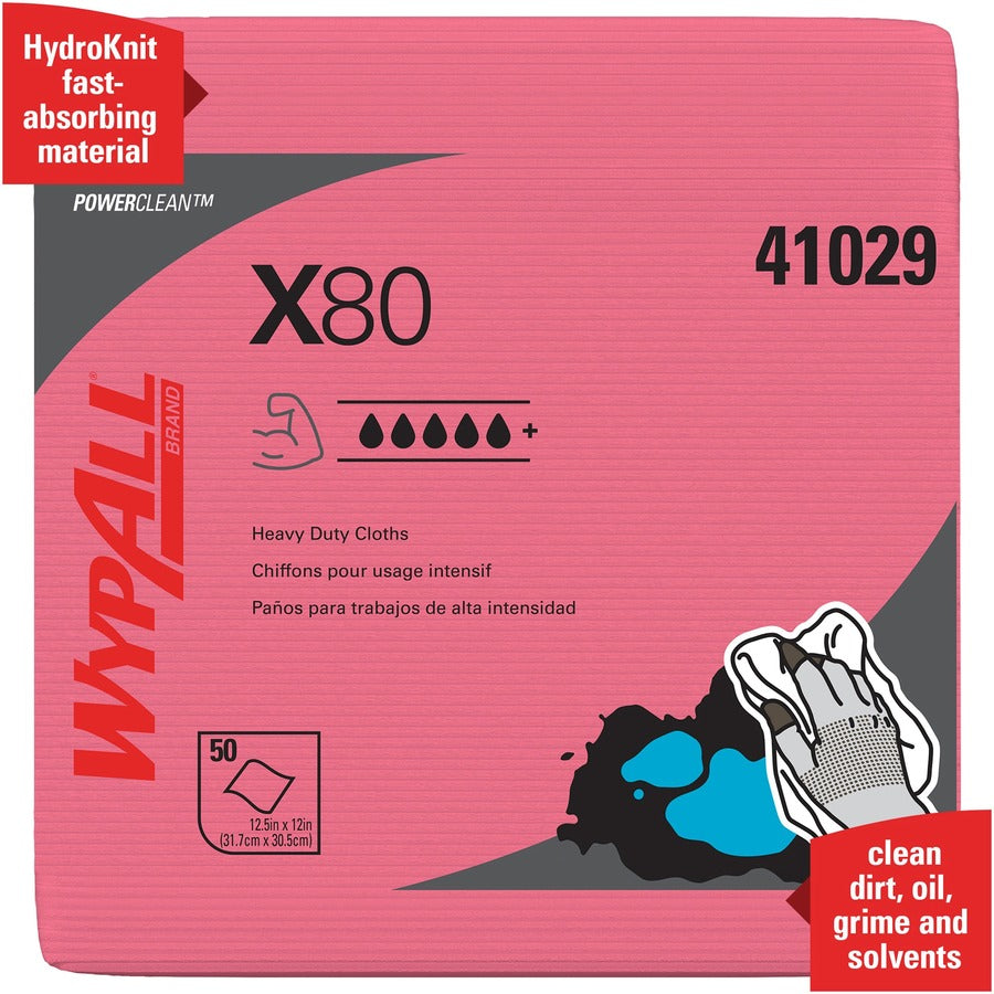 Wypall PowerClean X80 Heavy Duty Cloths, Quarter-fold, Red, 12" x 12.5", 50 Cloths per Pack, 1 Carton