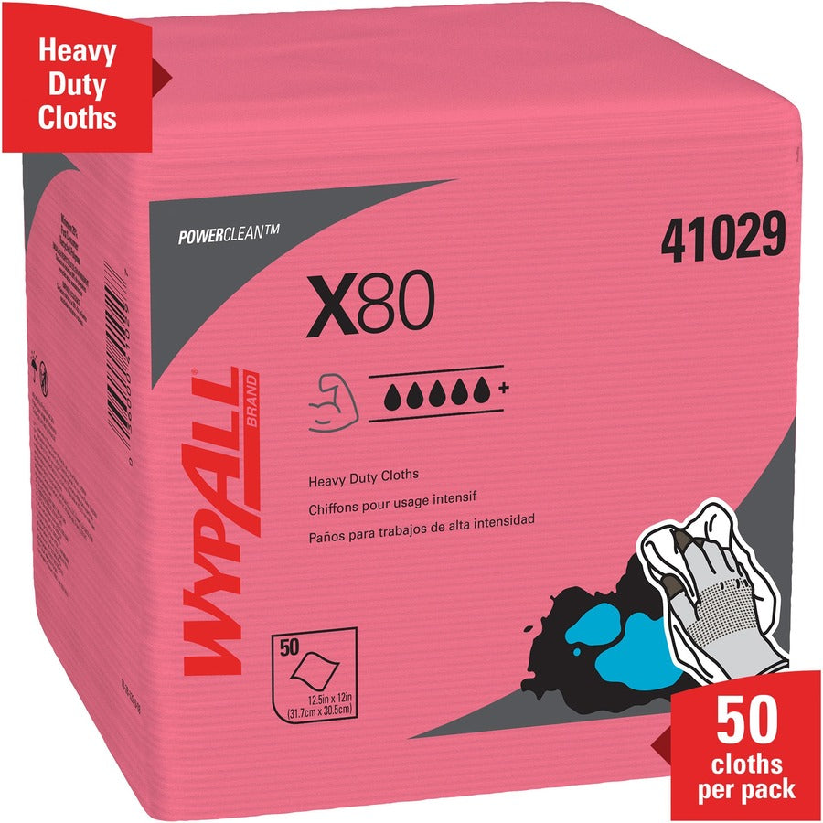 Wypall PowerClean X80 Heavy Duty Cloths, Quarter-fold, Red, 12" x 12.5", 50 Cloths per Pack, 1 Carton