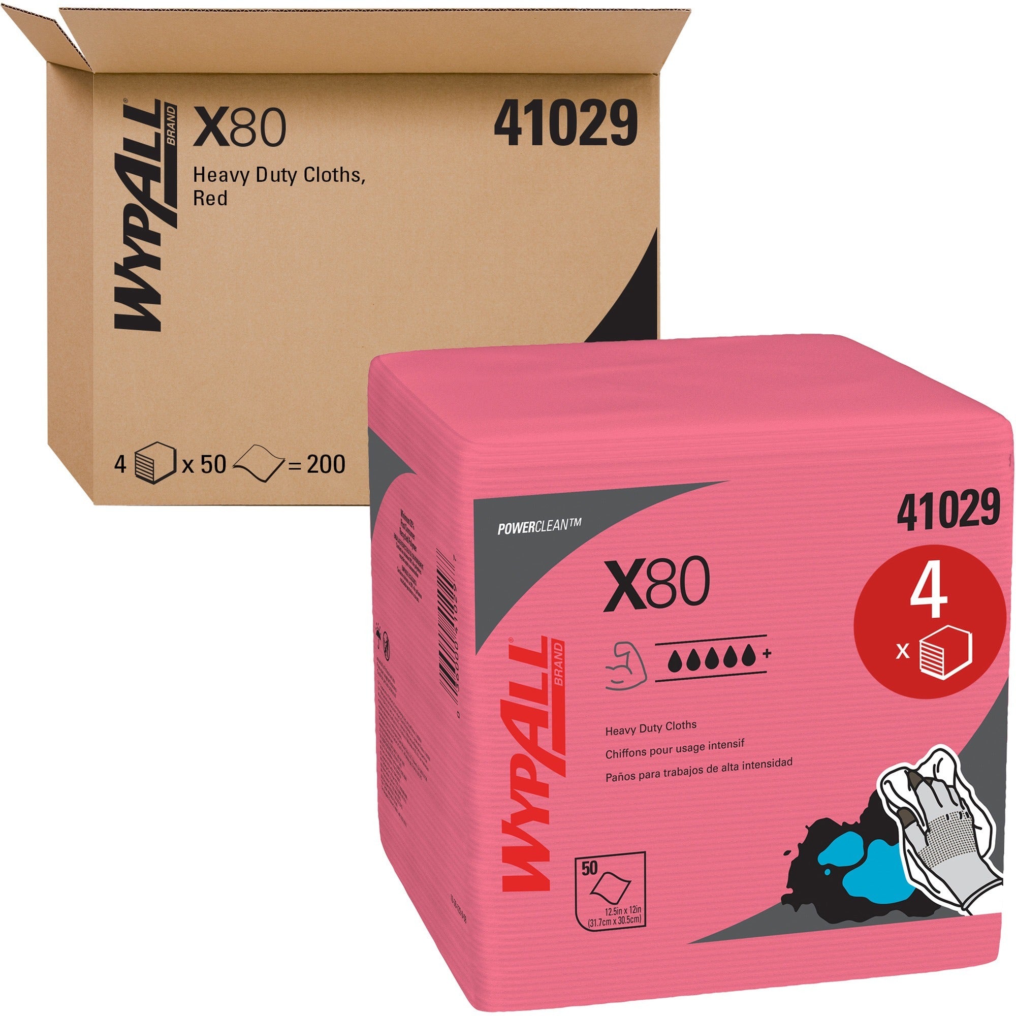 Wypall PowerClean X80 Heavy Duty Cloths, Quarter-fold, Red, 12" x 12.5", 50 Cloths per Pack, 1 Carton