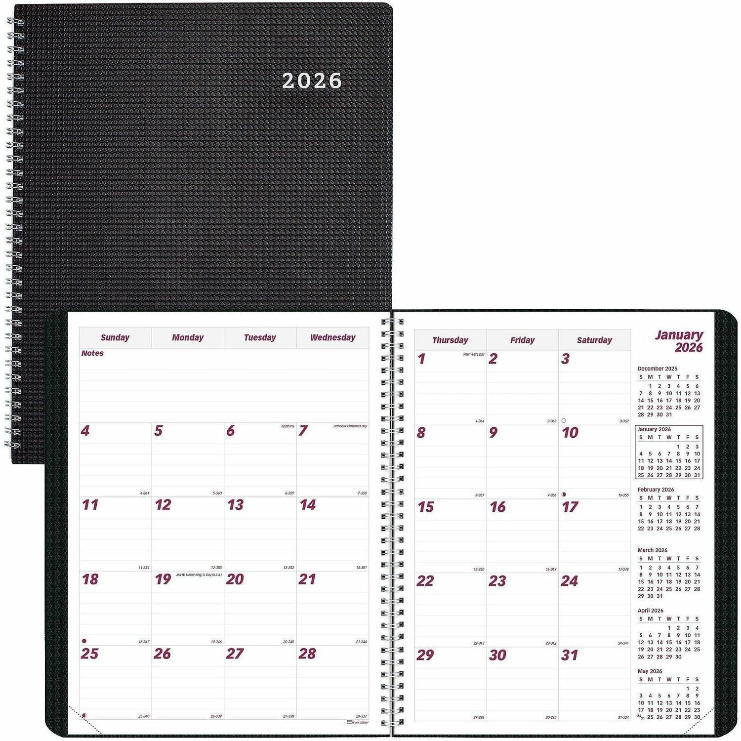 Brownline Duraflex Monthly Planner, 14-Month, December 2025–January 2027, 11" x 8.5", Twin Wire, Black Poly Cover, Heavy Duty, Notepad, Reference & Address Directory, 1 Each