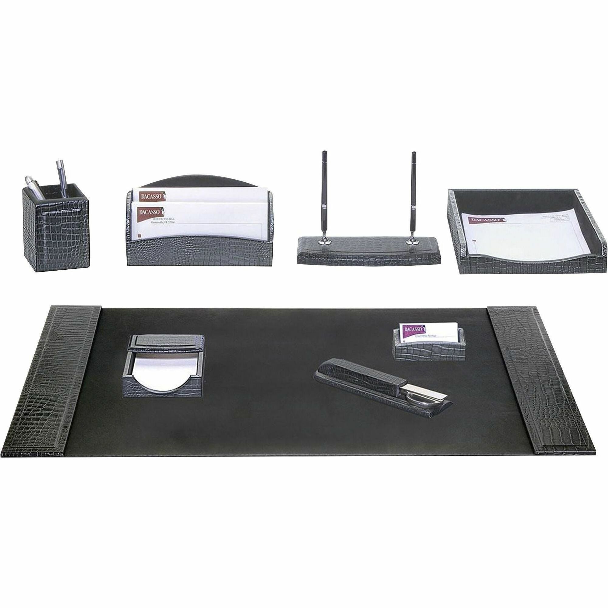 Dacasso 2200 Office Kit, Eight-Piece Desk Set, Crocodile Embossed Leather, Includes Desk Pad, Memo Holder, Business Card Holder, Pencil Cup, Letter Rack, Library Set, Letter Tray, Double Pen Stand, 1 Each