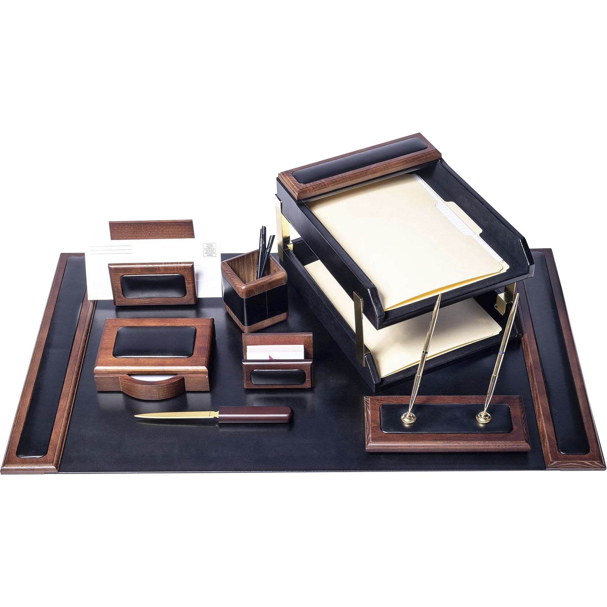 Dacasso 8000 Office Kit, 10-Piece Desk Set, Top-Grain Leather, Includes Desk Pad, Memo Holder, Business Card Holder, Pencil Cup, Letter Opener, 2 Letter Trays, Letter Holder, Gold Tray Posts, Double Pen Stand, 1 Each