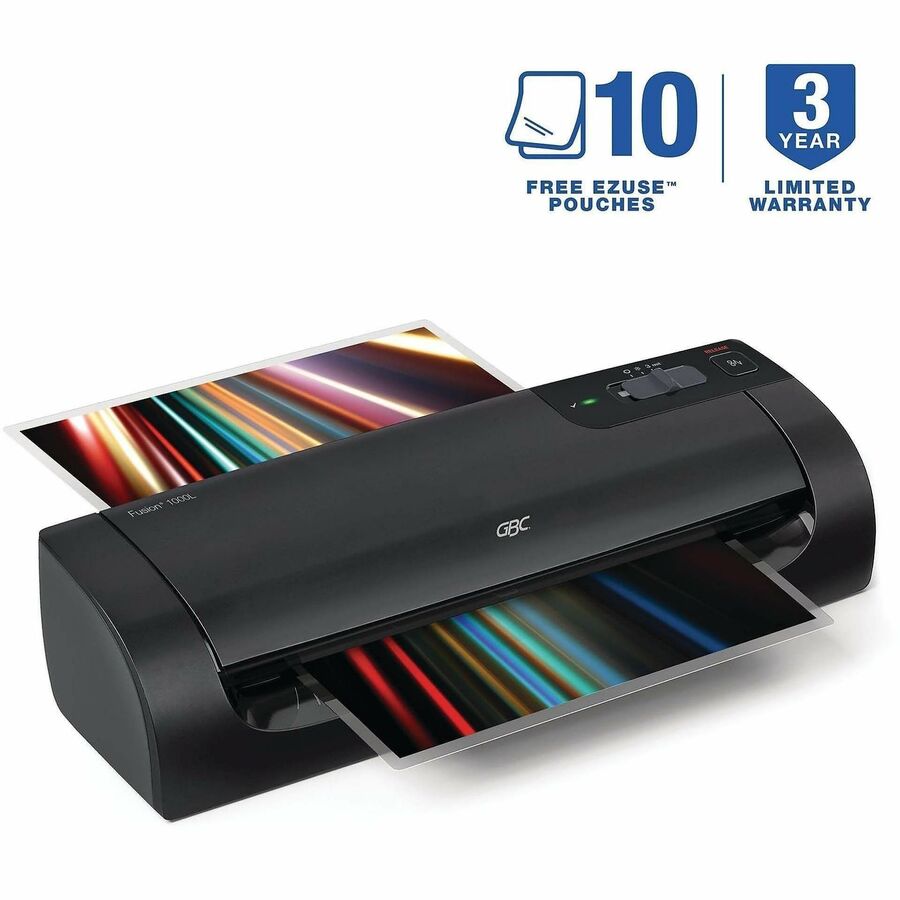 GBC Fusion 1000L 9" Laminator, Black, Hot Pouch, 3-5 mil Thickness, Manual Release, 1 Each, Includes 10 EZUse Laminating Pouches