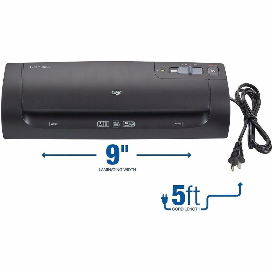 GBC Fusion 1000L 9" Laminator, Black, Hot Pouch, 3-5 mil Thickness, Manual Release, 1 Each, Includes 10 EZUse Laminating Pouches