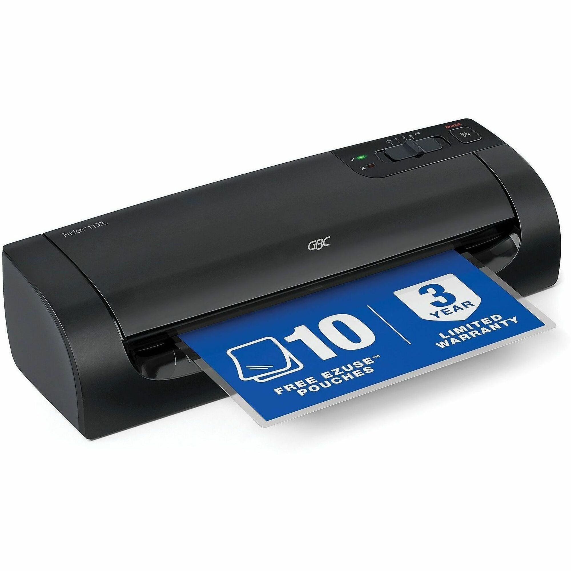 GBC Fusion 1000L 9" Laminator, Hot Pouch, 3-5 mil Thickness, Manual Release, Auto Shutoff, Black, Includes 10 EZUse Pouches, 1 Each