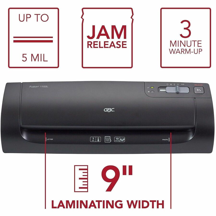 GBC Fusion 1000L 9" Laminator, Hot Pouch, 3-5 mil Thickness, Manual Release, Auto Shutoff, Black, Includes 10 EZUse Pouches, 1 Each