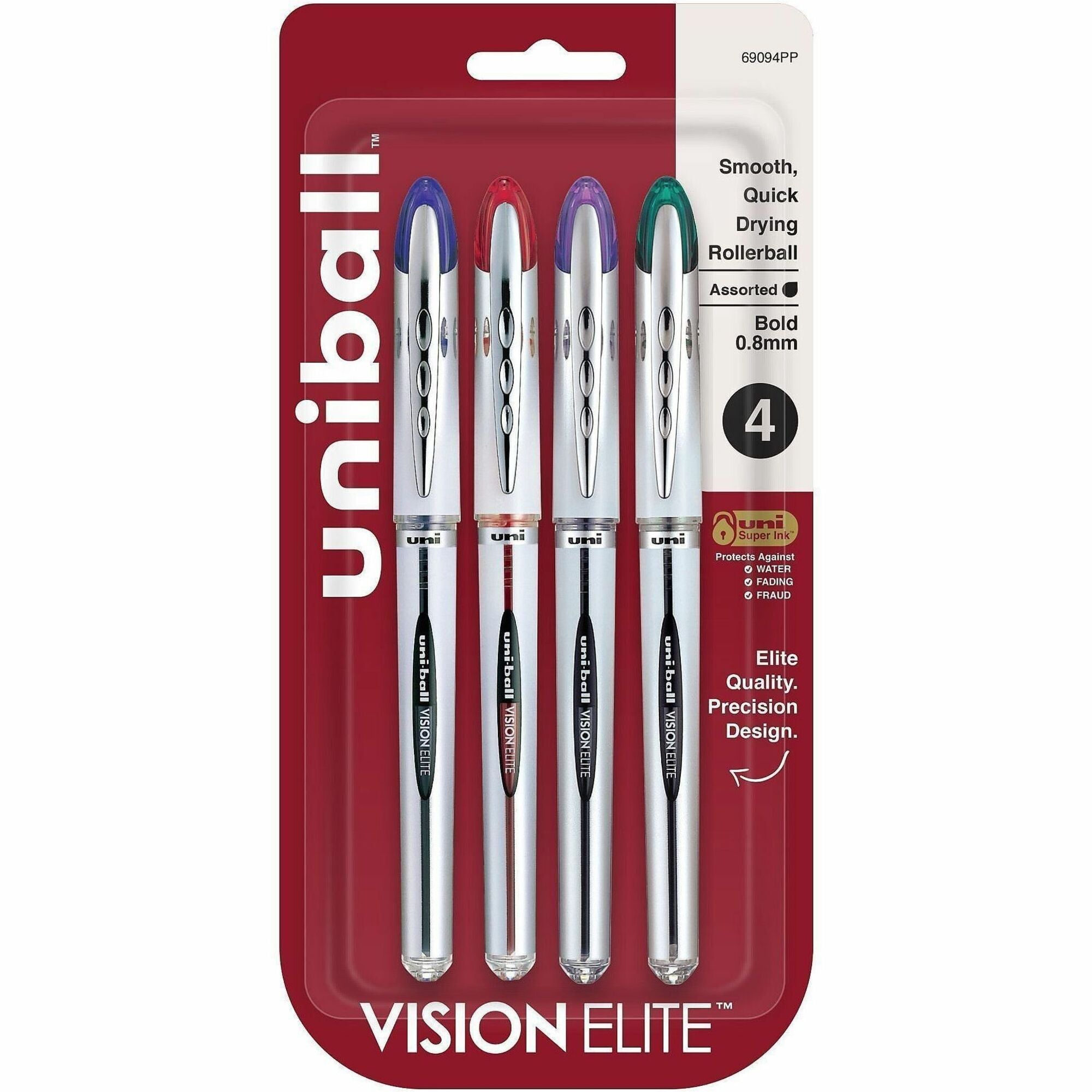 uniball™ Vision Elite Rollerball Pen - 0.8 mm Bold Pen Point - Refillable - Blue, Red, Green, Violet Ink - Pigment-based - 4 / Pack