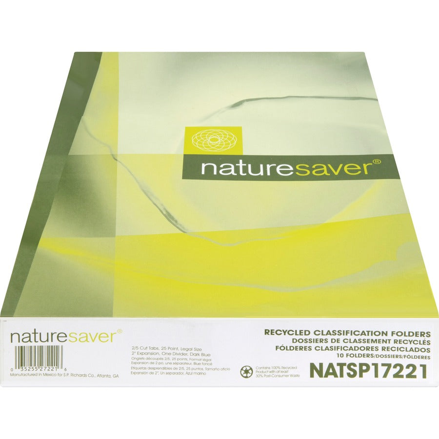Nature Saver Legal Size Classification Folders, 2/5 Tab Right of Center, 1 Divider, 2" Fastener Capacity, 25 pt. Dark Blue, 100% Recycled, 10/Box