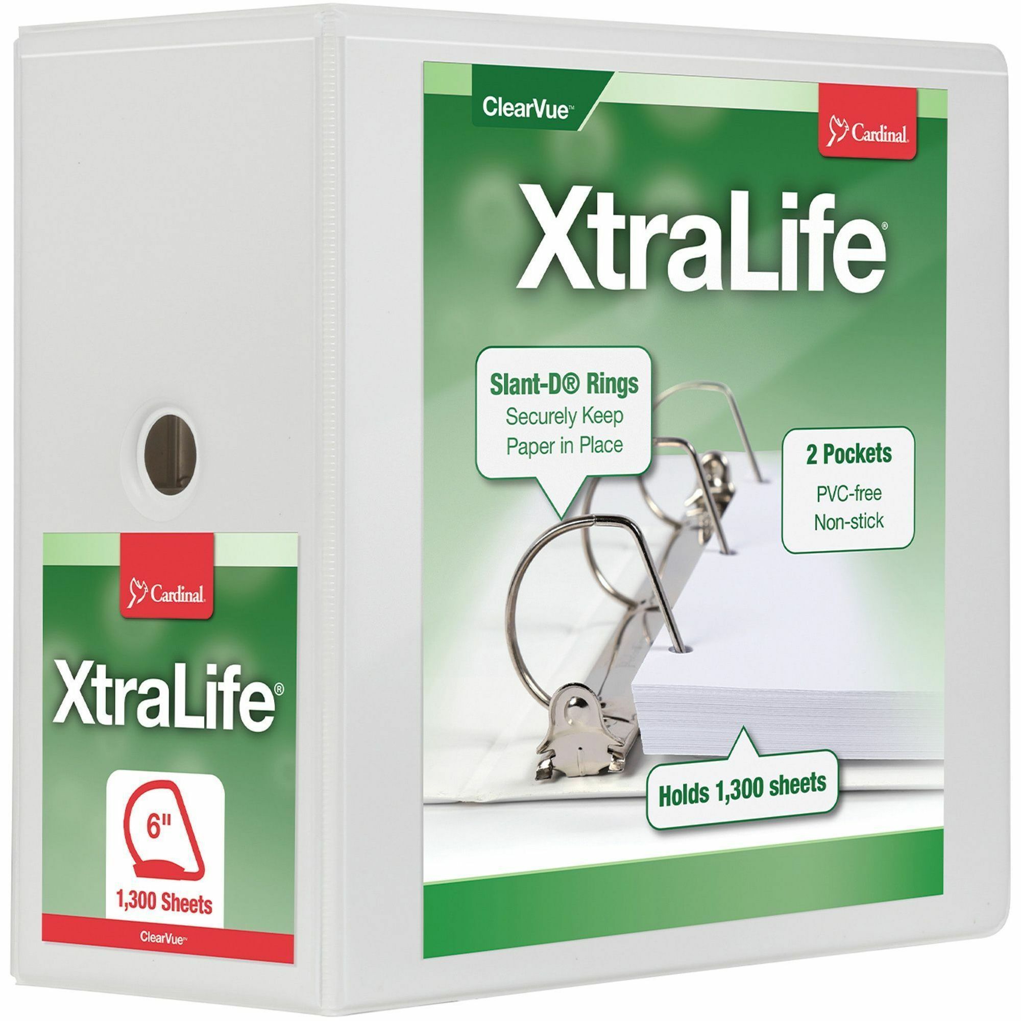 Cardinal Xtralife ClearVue Locking Slant-D Binder, 6" Capacity, 3 D-Rings, Letter Size, 1300 Sheet, 2 Pockets, White, 1 Each