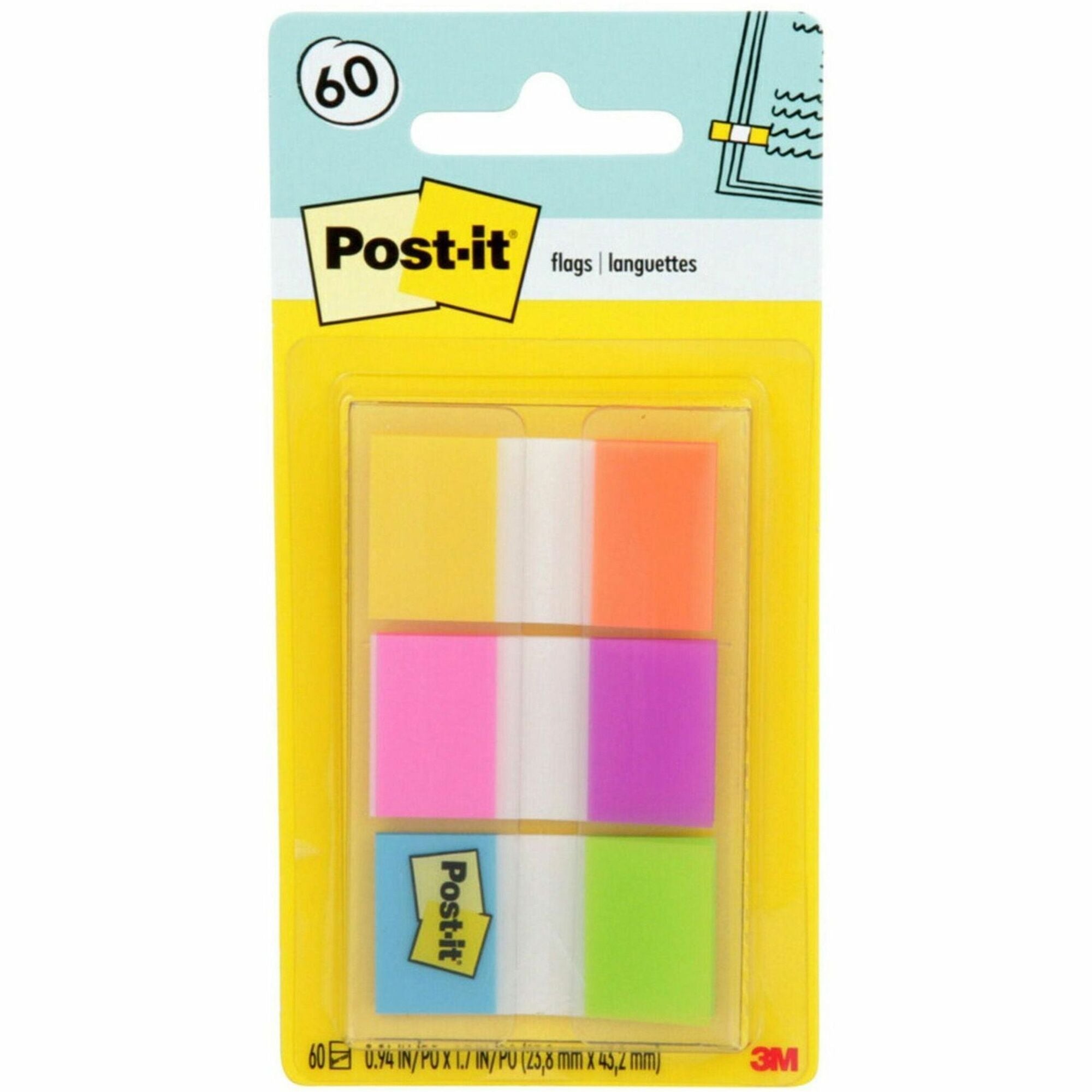 Post-it&reg; Flags - 60 - 1" Flag/Note Width x 1 3/4" Flag/Note Length - Rectangle - Unruled - Orange, Blue, Green, Pink, Yellow, Purple, Assorted - Reusable, Repositionable, Self-adhesive, Removable - Dispenser Included - 60 / Pack