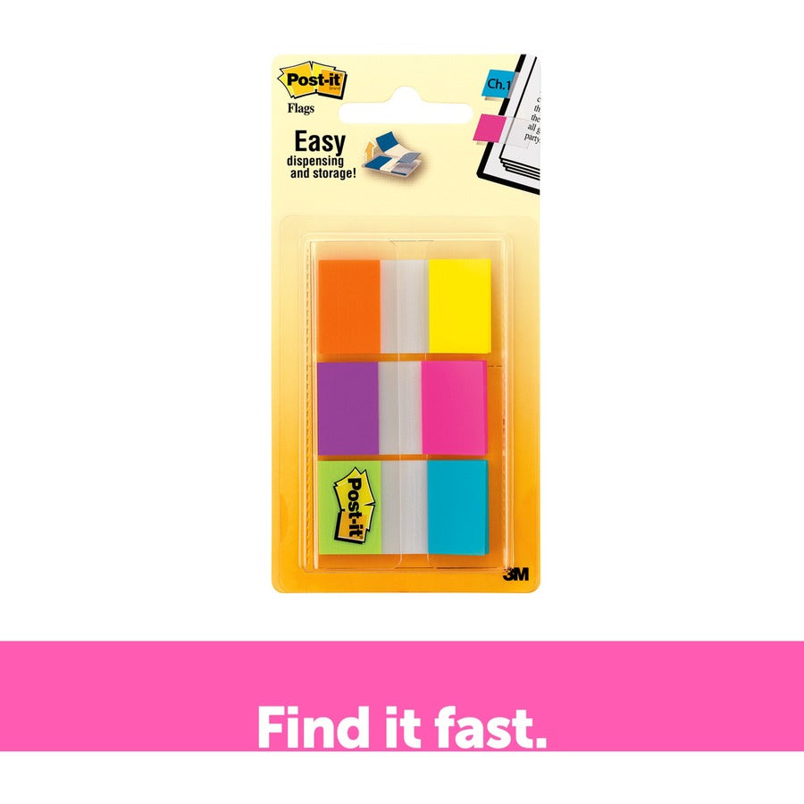 Post-it&reg; Flags - 60 - 1" Flag/Note Width x 1 3/4" Flag/Note Length - Rectangle - Unruled - Orange, Blue, Green, Pink, Yellow, Purple, Assorted - Reusable, Repositionable, Self-adhesive, Removable - Dispenser Included - 60 / Pack