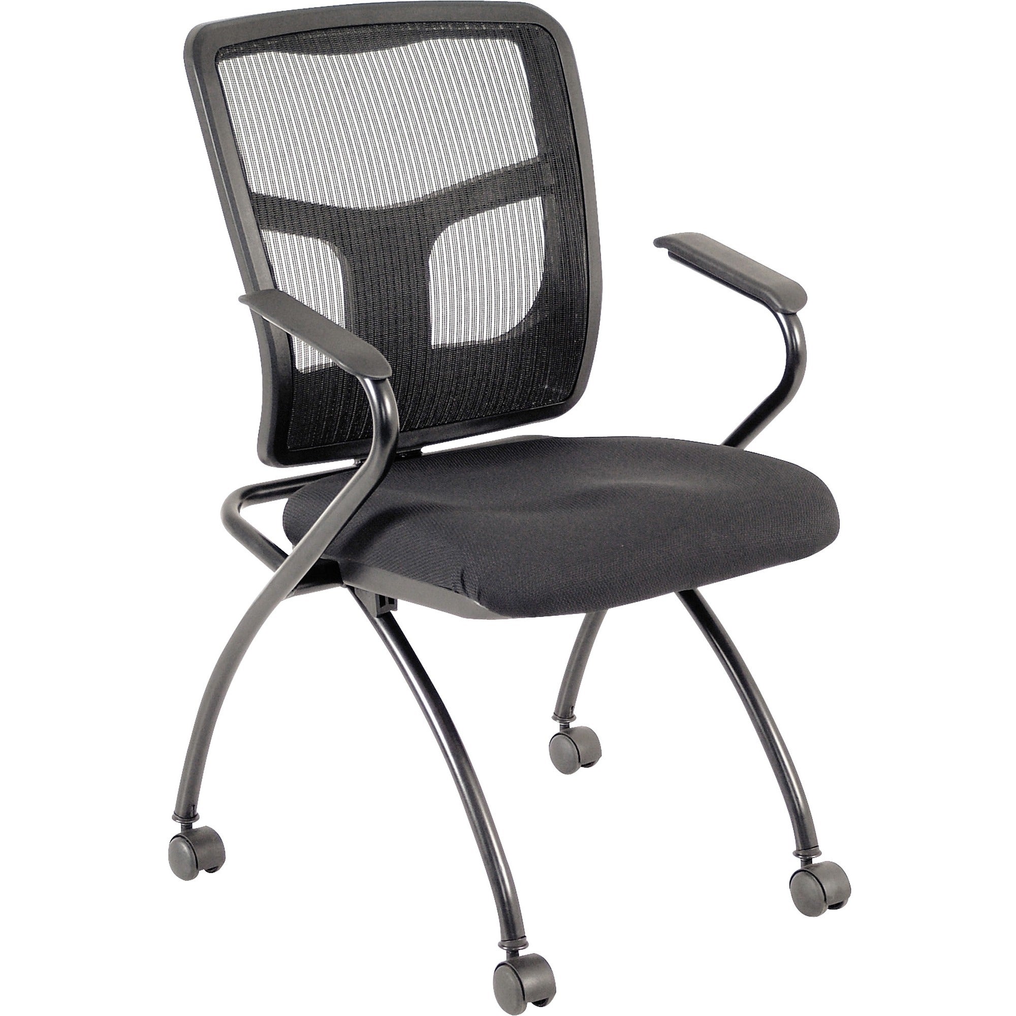 Lorell Mesh Back Nesting Training/Guest Chairs, Black, Fabric Seat, Metal Frame, Four-Legged Base, Armrests, 2 per Carton