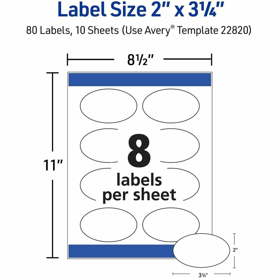 Waterproof - 2" Width x 3 21/64" Length - Permanent Adhesive - Oval - Inkjet, Laser - Glossy White - White - Paper - 8 / Sheet - 8 Total Sheets - 80 Total Label(s) - 80 / Pack