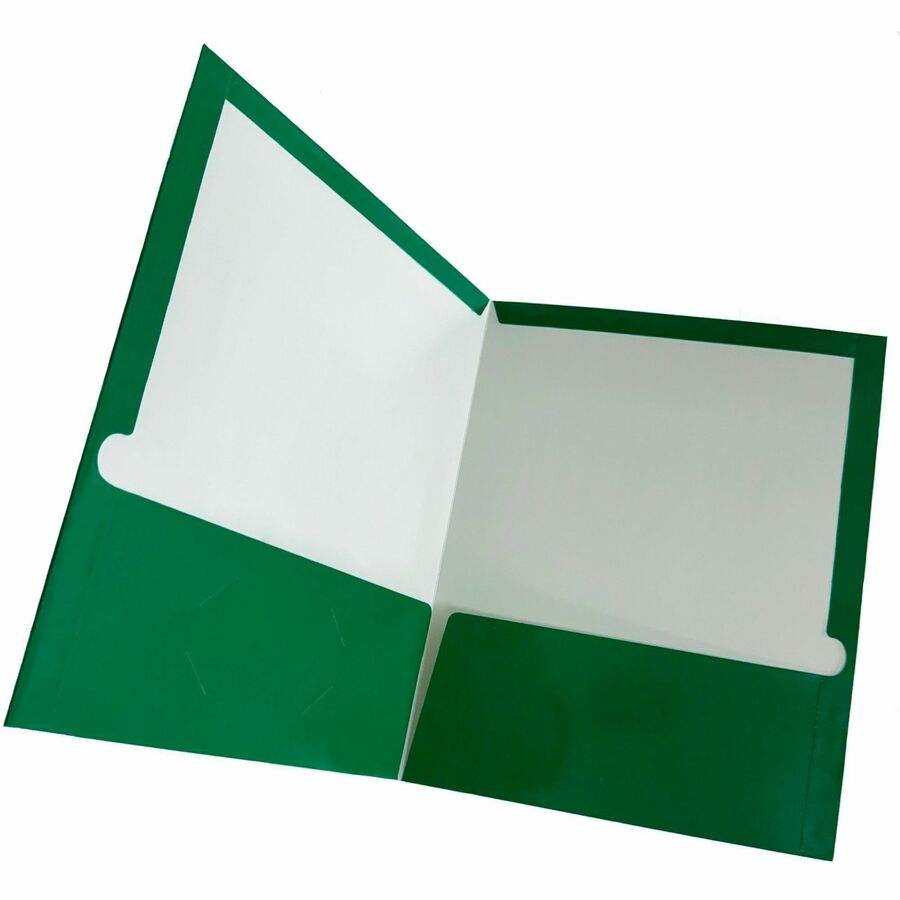 Business Source Letter Pocket Folder - 8 1/2" x 11" - 100 Sheets Capacity - 2 Internal Pocket(s) - Card Paper - Green - Durable, Laminated, Die-cut - 1 Box