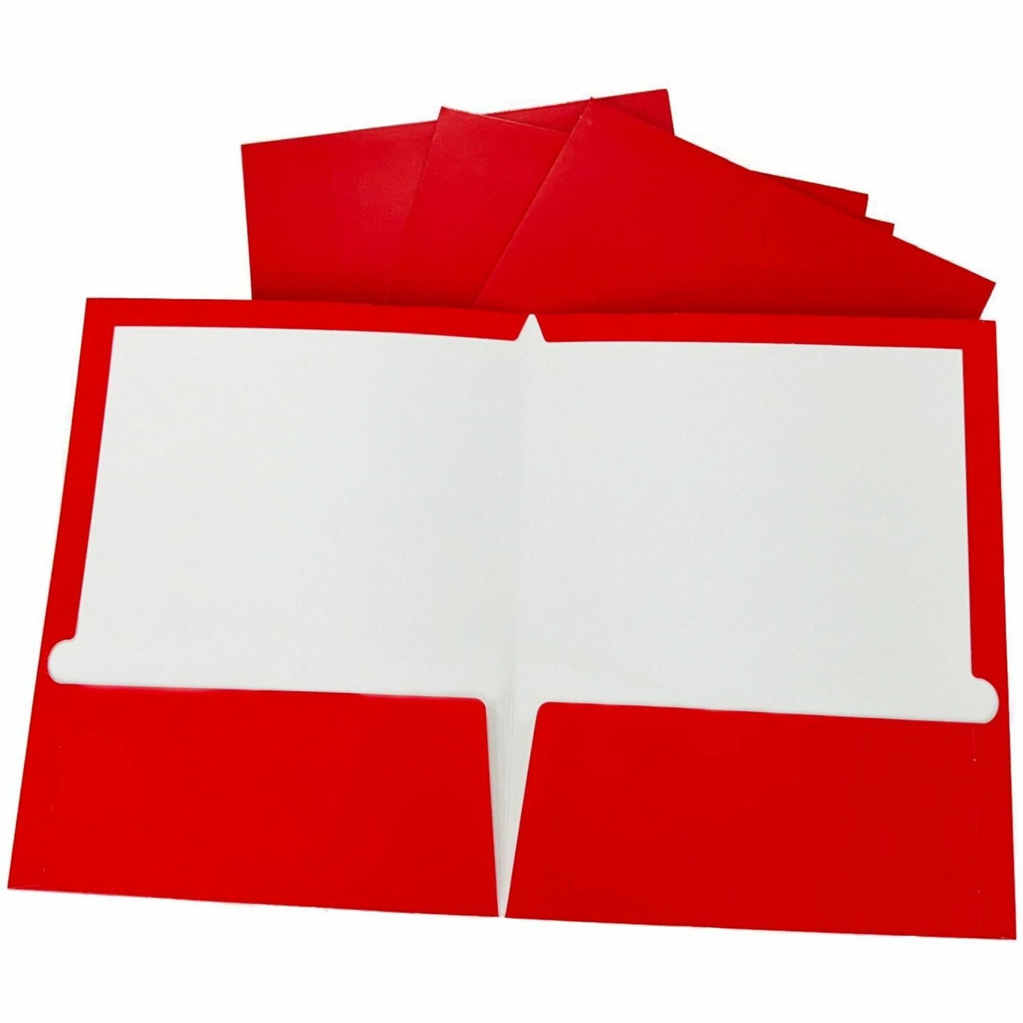 Business Source Letter Pocket Folder - 8 1/2" x 11" - 100 Sheets Capacity - 2 Internal Pocket(s) - Card Paper - Red - Durable, Laminated, Die-cut - 1 Box