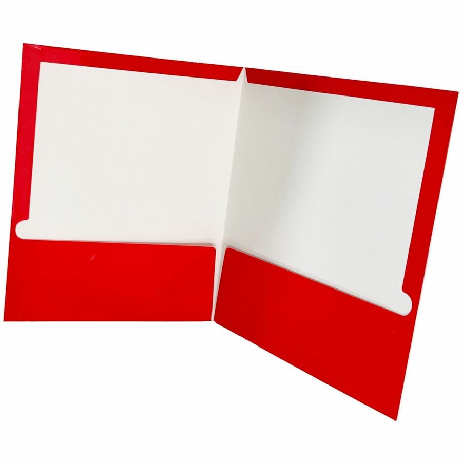 Business Source Letter Pocket Folder - 8 1/2" x 11" - 100 Sheets Capacity - 2 Internal Pocket(s) - Card Paper - Red - Durable, Laminated, Die-cut - 1 Box