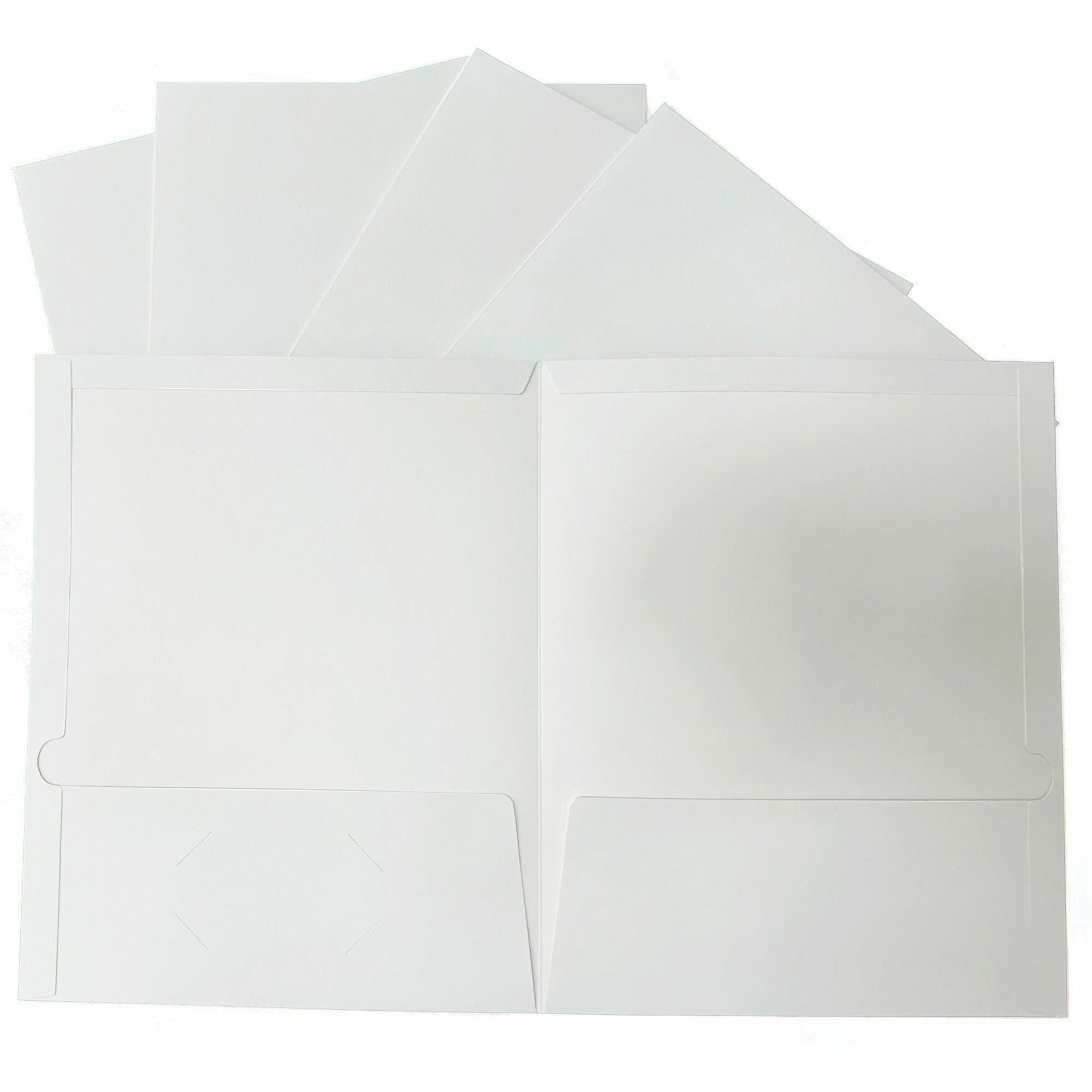 Business Source Letter Pocket Folder - 8 1/2" x 11" - 100 Sheets Capacity - 2 Internal Pocket(s) - White - Laminated, Durable, Die-cut - 1 Box