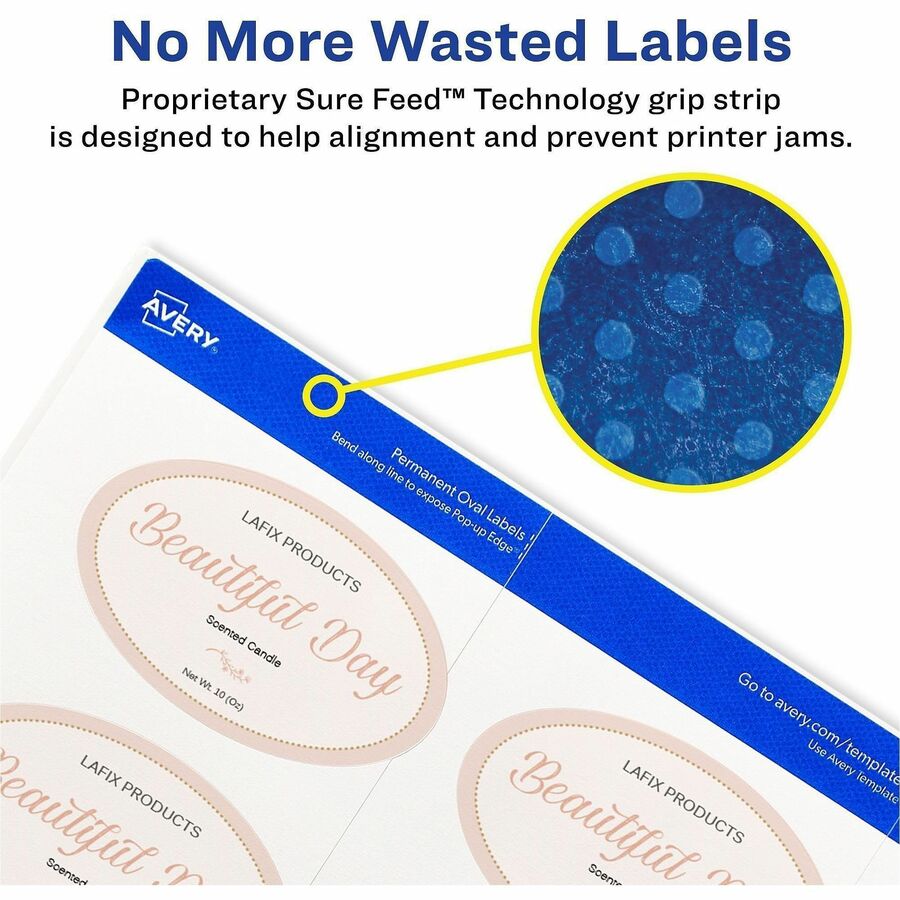 Avery Easy Peel Waterproof Oval Labels, 2" x 3 21/64", Textured Matte White, Permanent Adhesive, Inkjet/Laser Compatible, 8 Labels/Sheet, 8 Sheets, 80 Labels/Pack