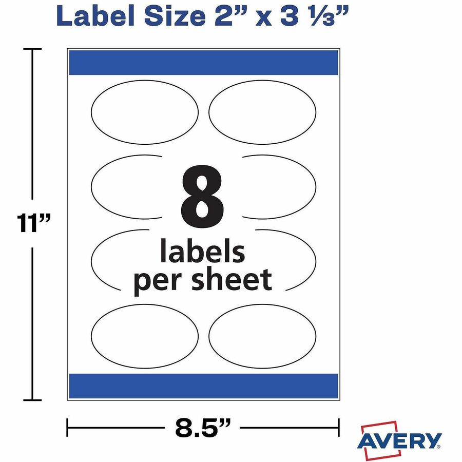 Avery Easy Peel Waterproof Oval Labels, 2" x 3 21/64", Textured Matte White, Permanent Adhesive, Inkjet/Laser Compatible, 8 Labels/Sheet, 8 Sheets, 80 Labels/Pack