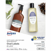 Avery Easy Peel Waterproof Oval Labels, 2" x 3 21/64", Textured Matte White, Permanent Adhesive, Inkjet/Laser Compatible, 8 Labels/Sheet, 8 Sheets, 80 Labels/Pack
