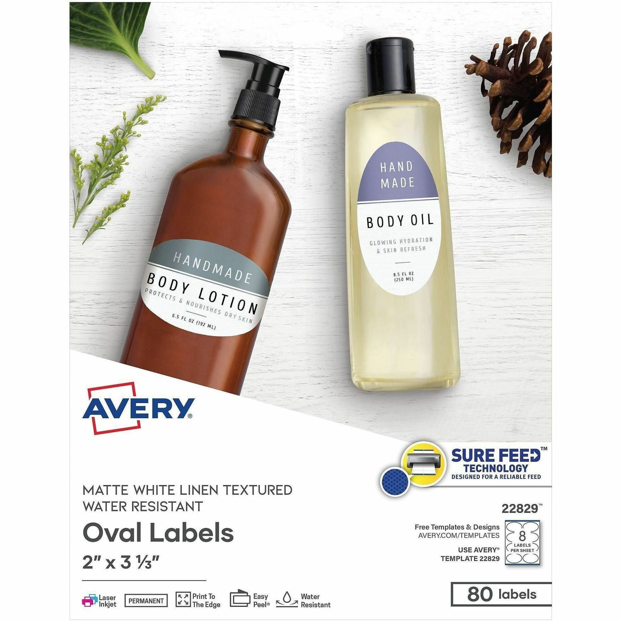 Avery Easy Peel Waterproof Oval Labels, 2" x 3 21/64", Textured Matte White, Permanent Adhesive, Inkjet/Laser Compatible, 8 Labels/Sheet, 8 Sheets, 80 Labels/Pack
