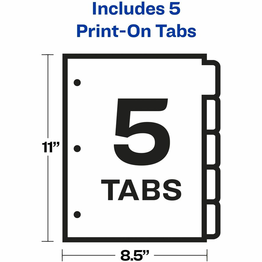 5 x Divider(s) - Print-on Tab(s) - 5 - 5 Tab(s)/Set - 8.5" Divider Width x 11" Divider Length - 3 Hole Punched - White Paper Divider - White Paper Tab(s) - 20% - Printable, Hole-punched, Customizable, PVC-free, Chlorine-free - 1 / Set