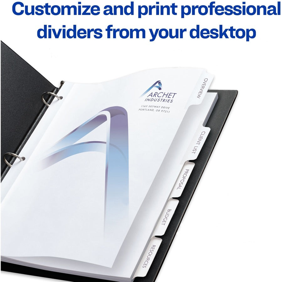 Avery&reg; Customizable Print-On Dividers - 125 x Divider(s) - Print-on Tab(s) - 5 - 5 Tab(s)/Set - 8.5" Divider Width x 11" Divider Length - 3 Hole Punched - White Paper Divider - White Paper Tab(s) - 20% Recycled - 1 Box