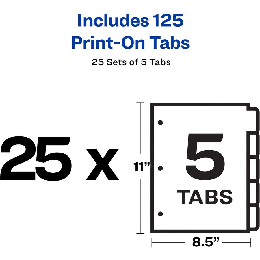 Avery&reg; Customizable Print-On Dividers - 125 x Divider(s) - Print-on Tab(s) - 5 - 5 Tab(s)/Set - 8.5" Divider Width x 11" Divider Length - 3 Hole Punched - White Paper Divider - White Paper Tab(s) - 20% Recycled - 1 Box