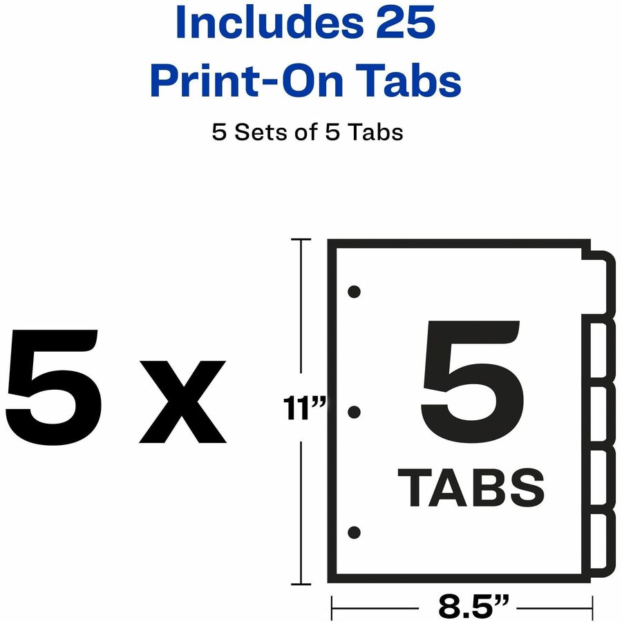 Avery Customizable Print-On Dividers, 25 Dividers, 5 Tabs/Set, 8.5" x 11", 3-Hole Punched, White Paper, Printable, PVC-free, Chlorine-free, 1 Pack