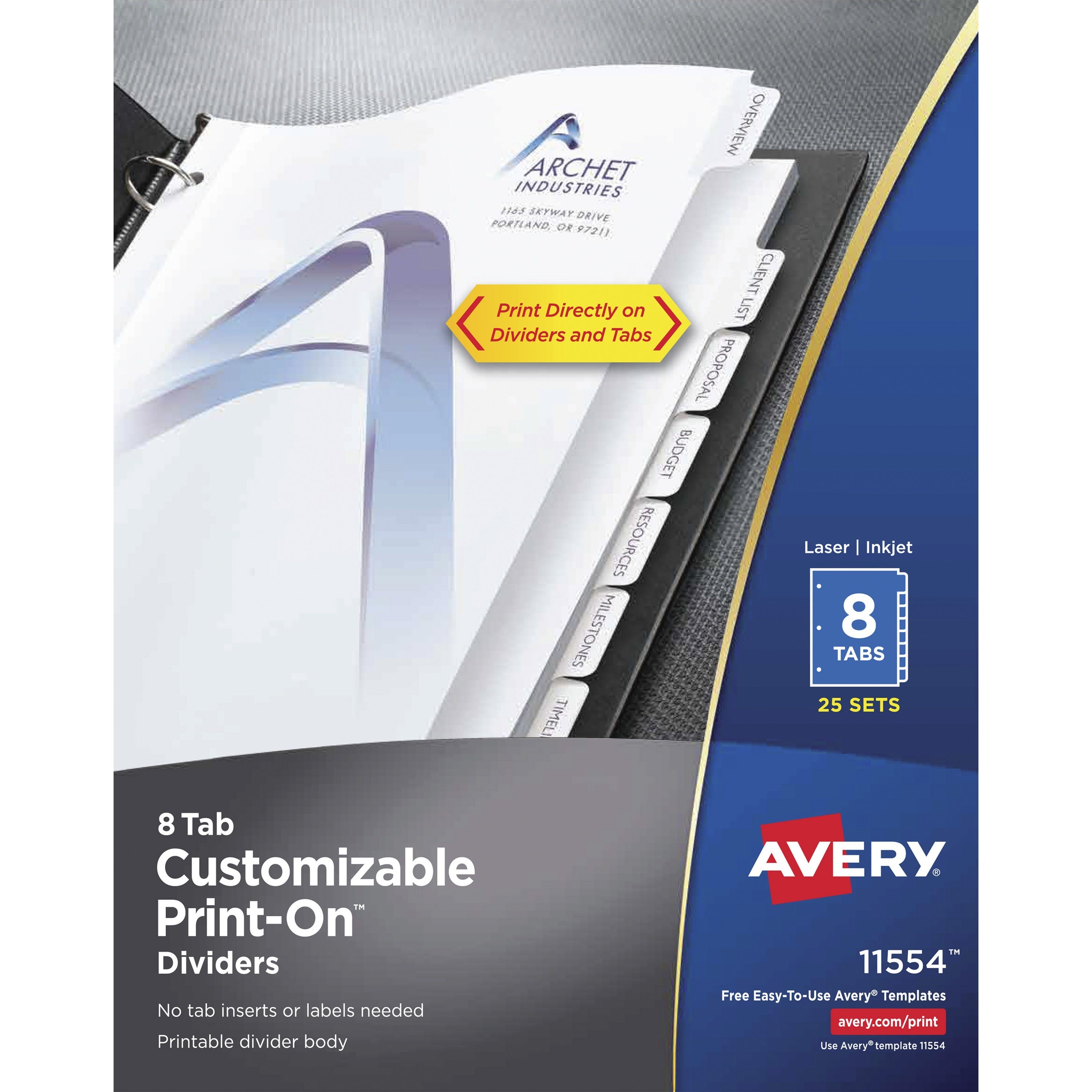 Avery&reg; Customizable Print-On Dividers - 200 x Divider(s) - 8 Print-on Tab(s) - 8 - 8 Tab(s)/Set - 8.5" Divider Width x 11" Divider Length - 3 Hole Punched - White Paper Divider - White Paper Tab(s) - 20% Recycled - 1 Box