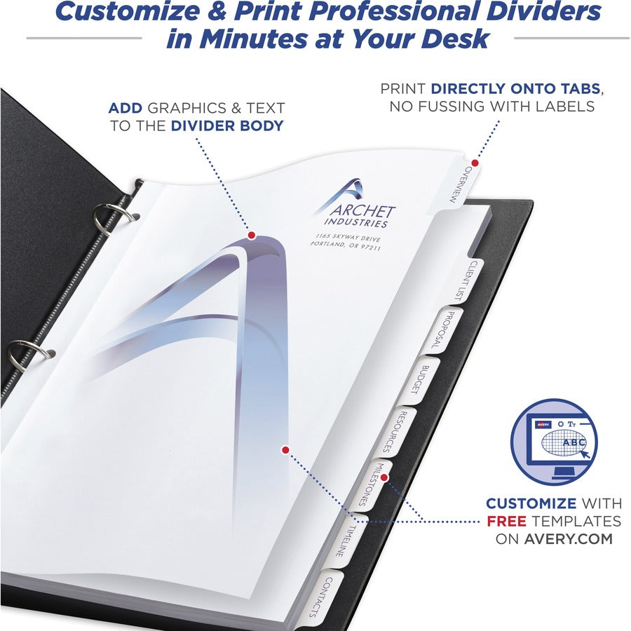 Avery&reg; Customizable Print-On Dividers - 200 x Divider(s) - 8 Print-on Tab(s) - 8 - 8 Tab(s)/Set - 8.5" Divider Width x 11" Divider Length - 3 Hole Punched - White Paper Divider - White Paper Tab(s) - 20% Recycled - 1 Box