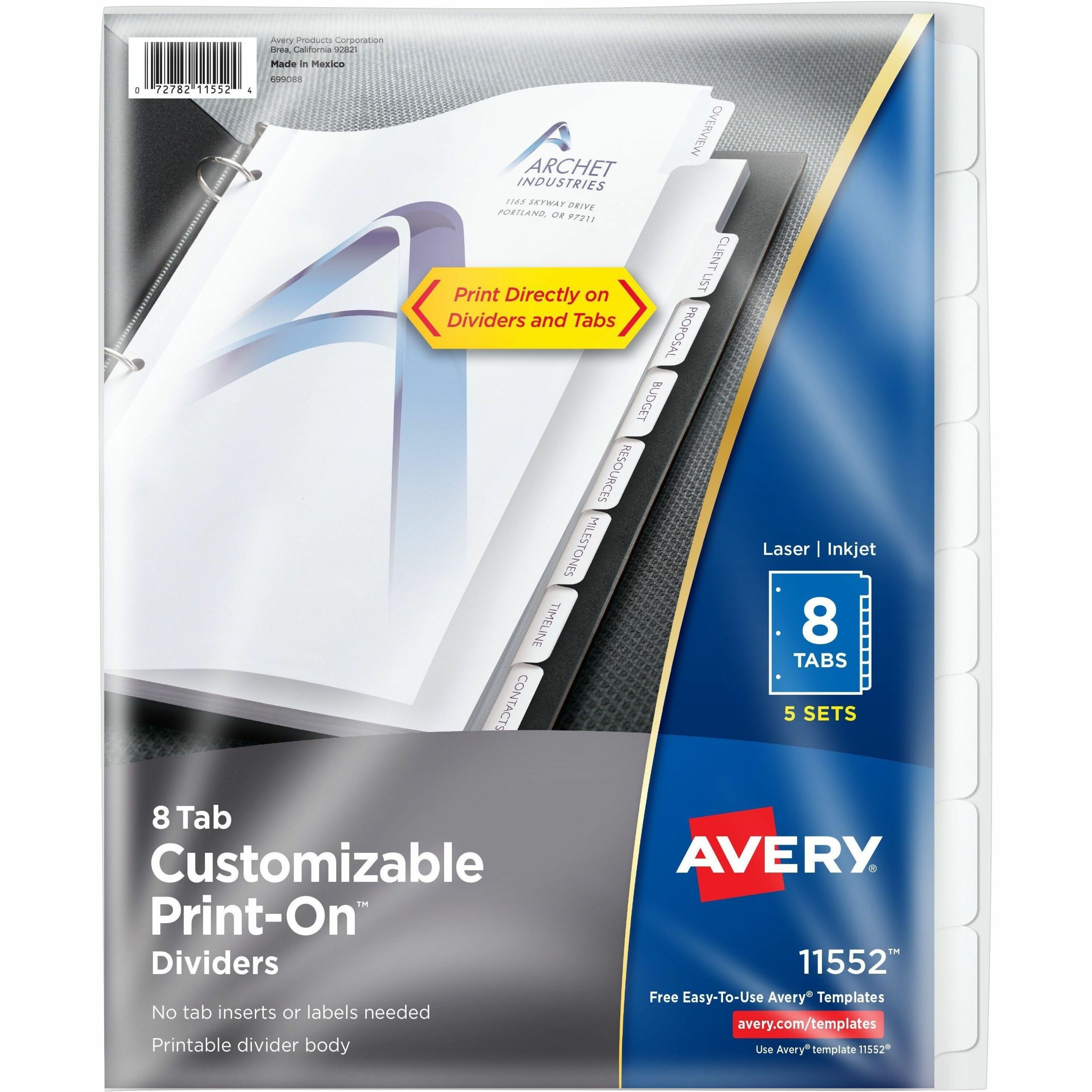 Avery Customizable Print-On Dividers, 40 Dividers, 8 Tabs per Set, 8.5" x 11", 3-Hole Punched, White Paper, Printable, Recycled, 1 Pack