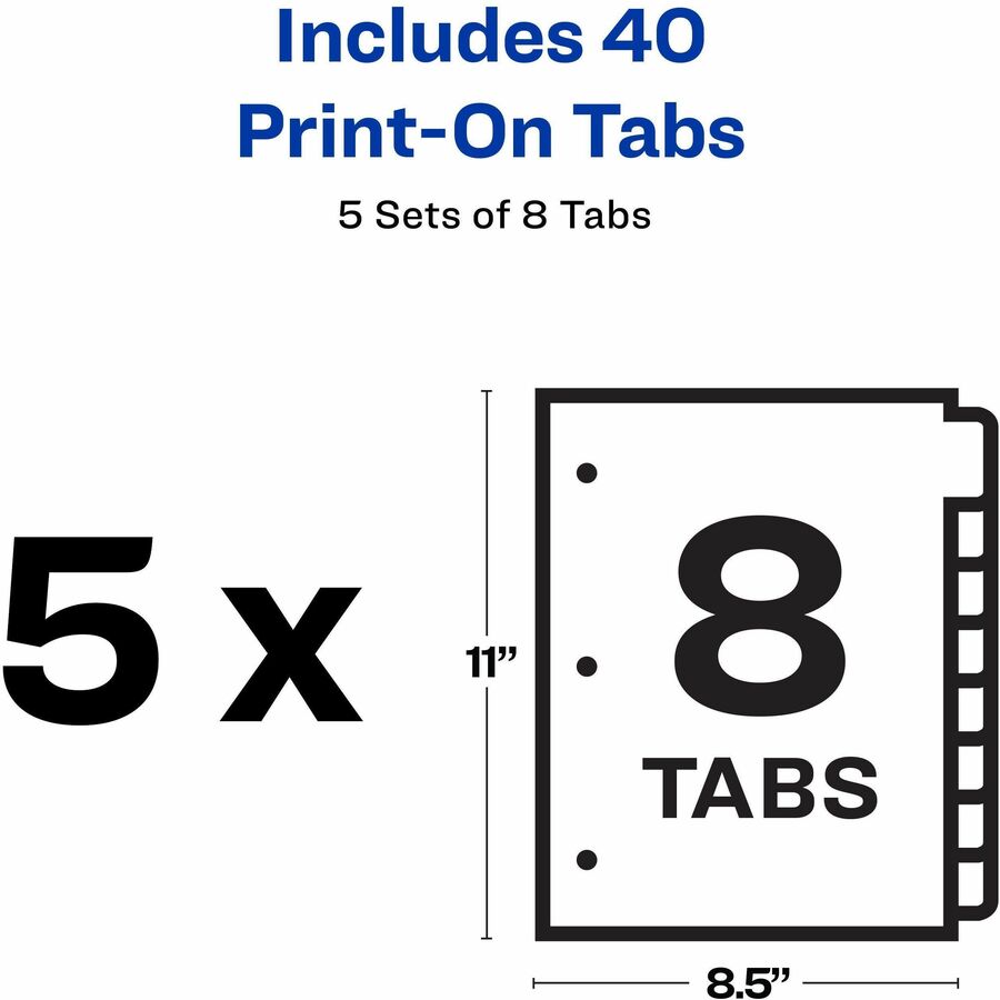 Avery Customizable Print-On Dividers, 40 Dividers, 8 Tabs per Set, 8.5" x 11", 3-Hole Punched, White Paper, Printable, Recycled, 1 Pack