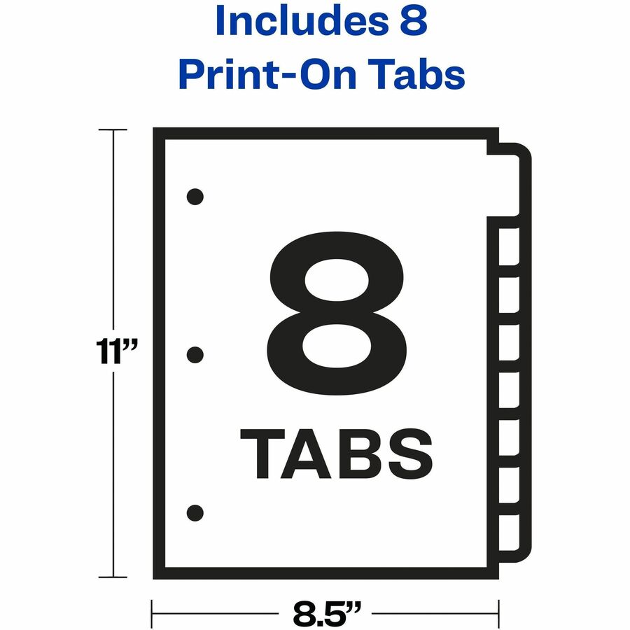 8 x Divider(s) - Print-on Tab(s) - 8 - 8 Tab(s)/Set - 8.5" Divider Width x 11" Divider Length - 3 Hole Punched - White Paper Divider - White Paper Tab(s) - 20% - Printable, Hole-punched, Customizable, PVC-free, Chlorine-free - 1 / Set
