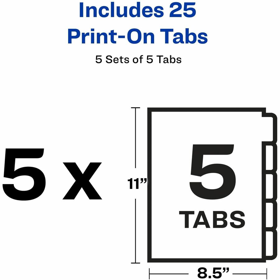 Avery Unpunched Print-On Dividers, 25 Dividers, 5 Tabs per Set, 8.5" x 11", White, Printable, Customizable, 1 Box