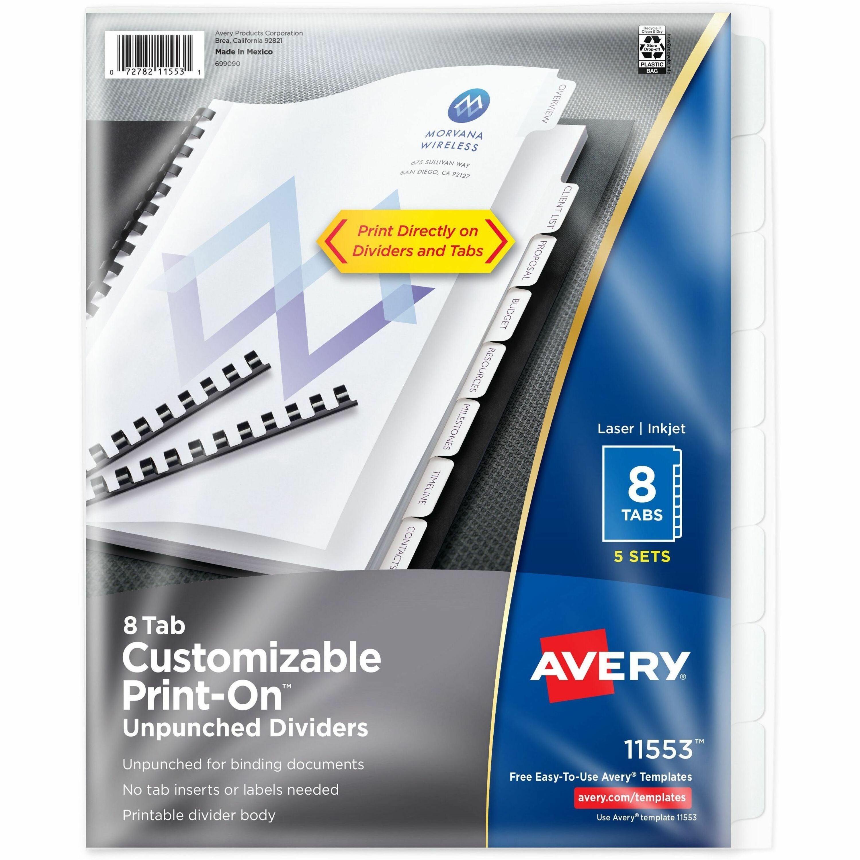 Avery Unpunched Print-On Dividers, 40 Dividers, 8 Tabs/Set, 8.5" x 11", White, Printable, Unpunched, Recycled, PVC-free, Chlorine-free, 1 Box