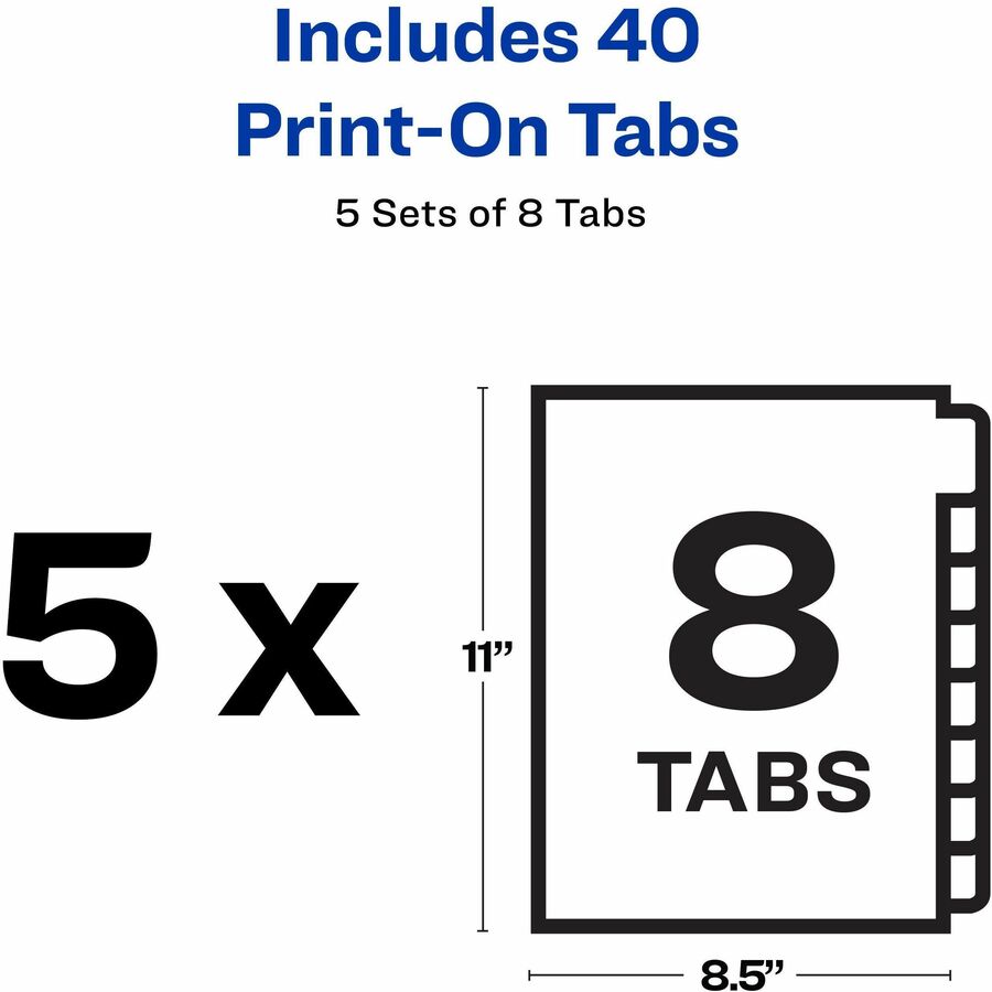 Avery Unpunched Print-On Dividers, 40 Dividers, 8 Tabs/Set, 8.5" x 11", White, Printable, Unpunched, Recycled, PVC-free, Chlorine-free, 1 Box