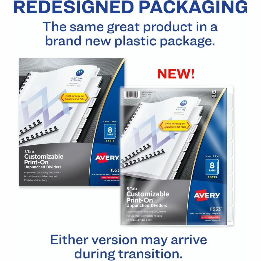 Avery Unpunched Print-On Dividers, 40 Dividers, 8 Tabs/Set, 8.5" x 11", White, Printable, Unpunched, Recycled, PVC-free, Chlorine-free, 1 Box