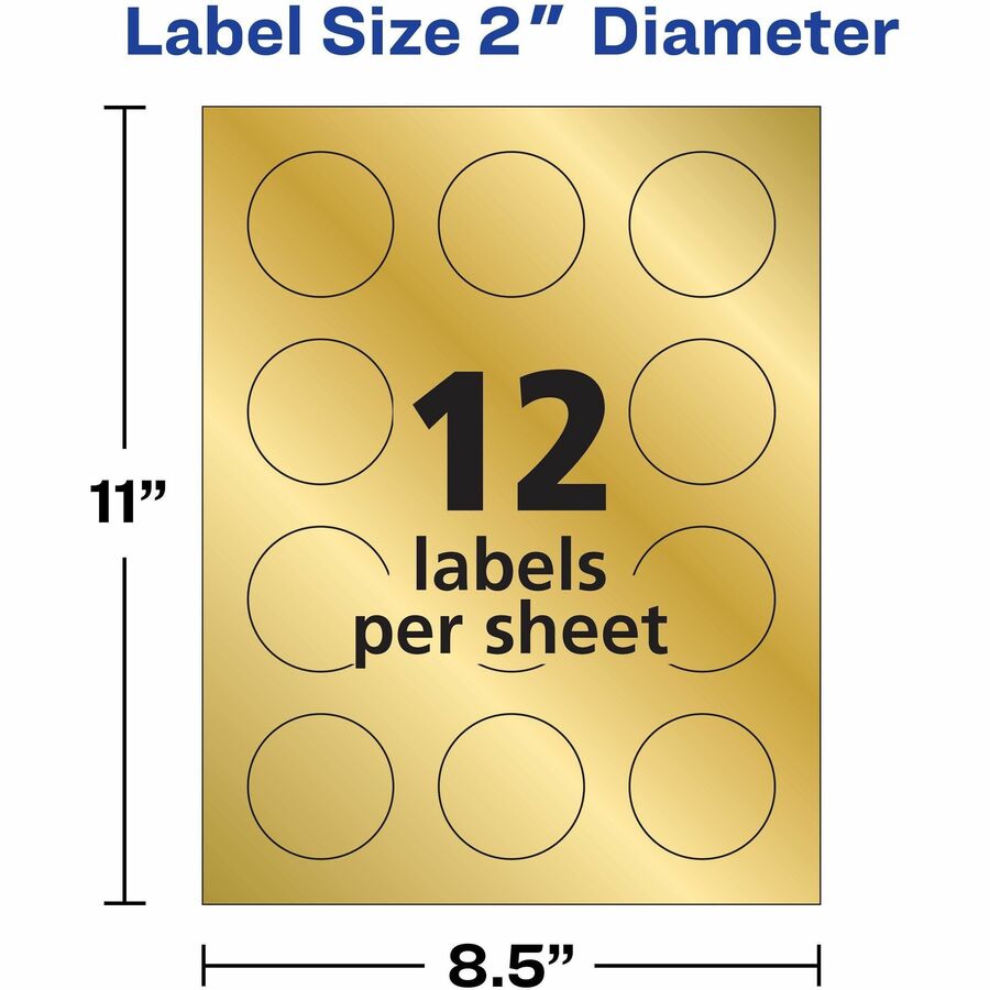 Avery&reg; Promotional Label - x 2" Diameter - Permanent Adhesive - Round - Inkjet - Matte Gold - Matte - Paper - 12 / Sheet - 12 Total Sheets - 96 Total Label(s) - 96 / Pack