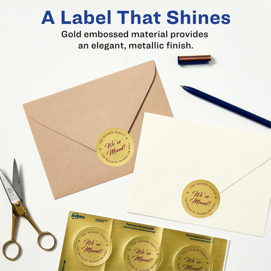 Avery&reg; Promotional Label - x 2" Diameter - Permanent Adhesive - Round - Inkjet - Matte Gold - Matte - Paper - 12 / Sheet - 12 Total Sheets - 96 Total Label(s) - 96 / Pack
