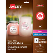 Waterproof - x 2 1/2" Diameter - Permanent Adhesive - Round - Inkjet, Laser - Glossy White - Bright White - Paper - 9 / Sheet - 9 Total Sheets - 90 Total Label(s) - 90 / Pack