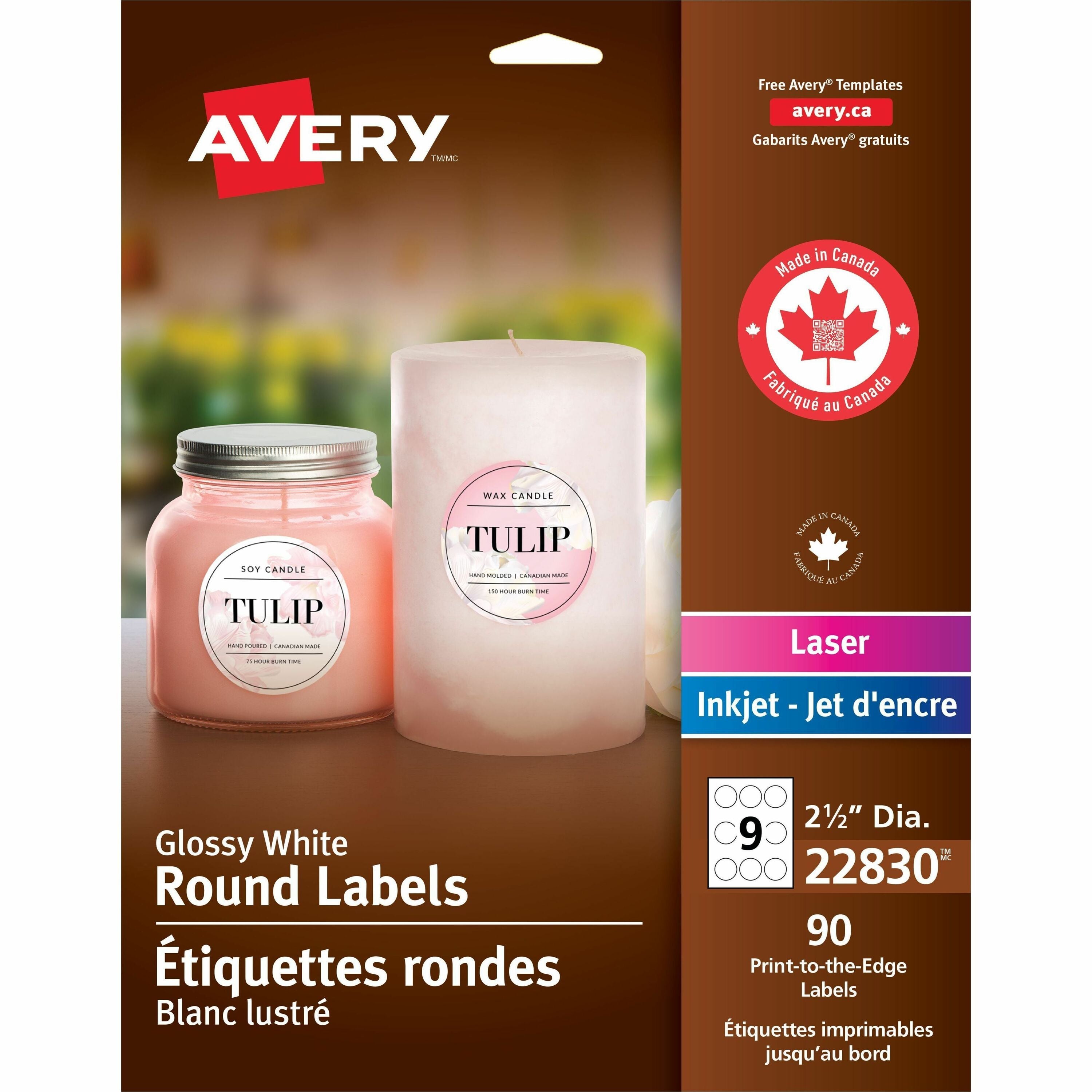Waterproof - x 2 1/2" Diameter - Permanent Adhesive - Round - Inkjet, Laser - Glossy White - Bright White - Paper - 9 / Sheet - 9 Total Sheets - 90 Total Label(s) - 90 / Pack