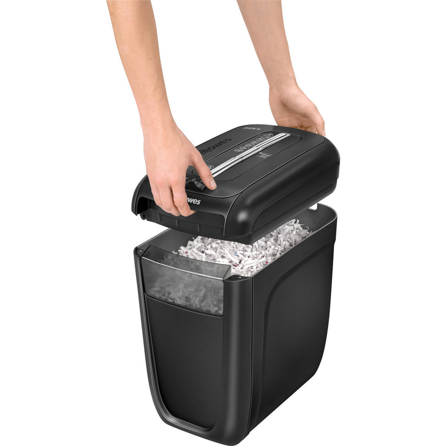 Non-continuous Shredder - Cross Cut - 10 Per Pass - for shredding Staples, Credit Card, Paper Clip, Paper - 0.156" x 1.560" Shred Size - P-4 - 14 ft/min - 8.75" Throat - 6 Minute Run Time - 20 Minute Cool Down Time - 6 gal Wastebin Capacity - Black