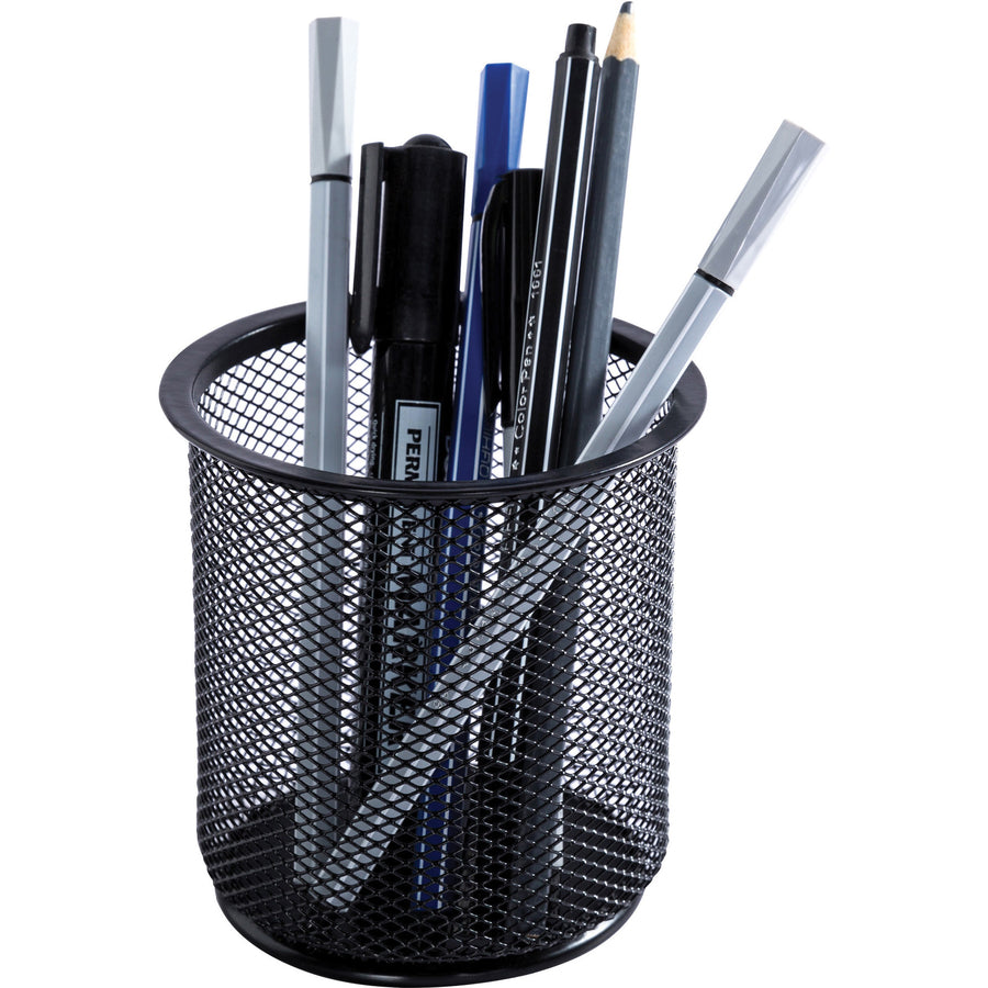 Lorell Mesh Wire Pencil Cup Holder - 3.5" Height x 3.9" Width - Steel - Black - 1 Each
