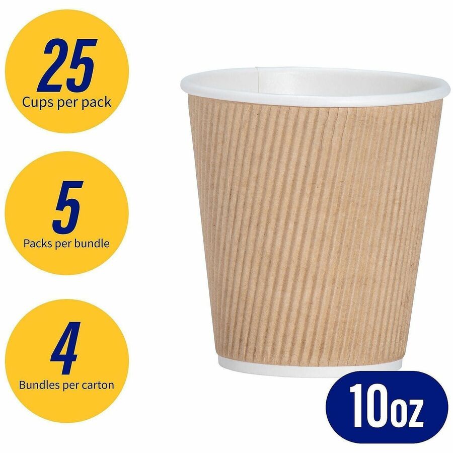 Genuine Joe 10 oz Rippled Hot Cups - 10 fl oz - Brown - Hot Drink, Beverage - 25/Pack - 4 / Carton