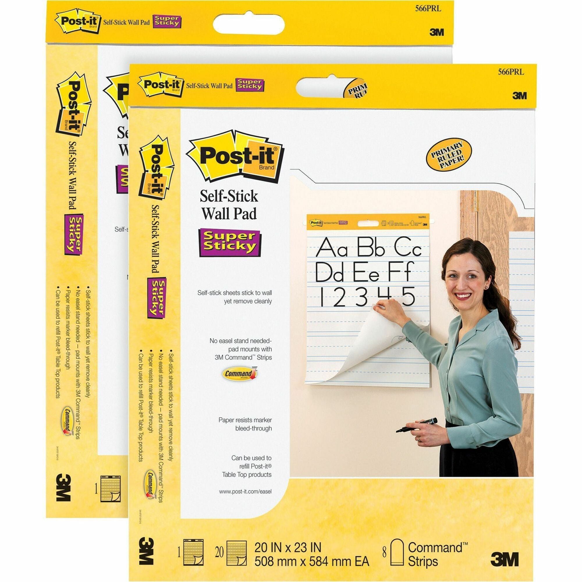 Post-it Self-Stick Wall Pads, 20" x 23", White, Ruled Blue Margin, 20 Sheets per Pad, 2 Pads per Pack, Stapled, Self-adhesive, Bleed Resistant, Repositionable, Removable, Sturdy Cardboard Cover